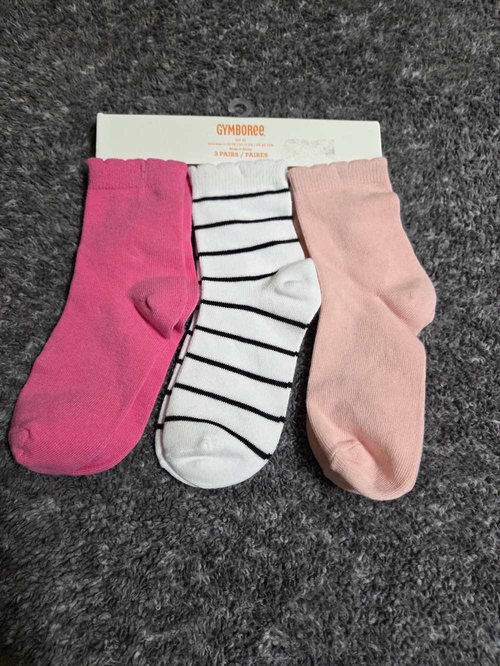 Gymboree 3-Pack Kids Ankle Socks in Hot Pink, White/Black Stripe & Light Pink
